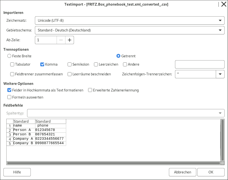 Bildschirmfoto: import .csv-Datei Eintellungen in LibreOffice
